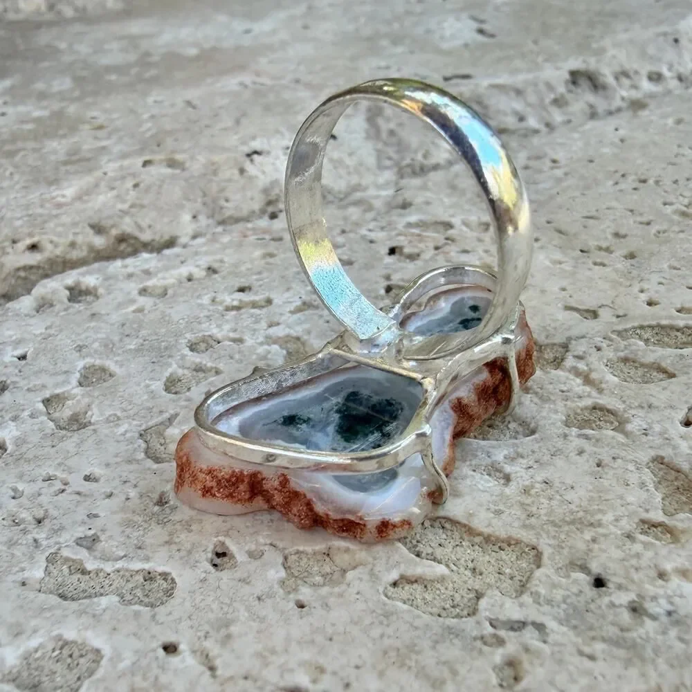 Solar Quartz Slice Druzy Ring 925 Silver Overlay Size 9, Tree Agate Ring